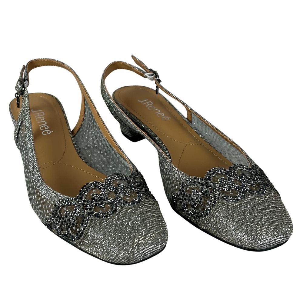 J. Renee Silver Metallic Mesh Rhinestone Slingback Block Heel Pumps Womens 8M